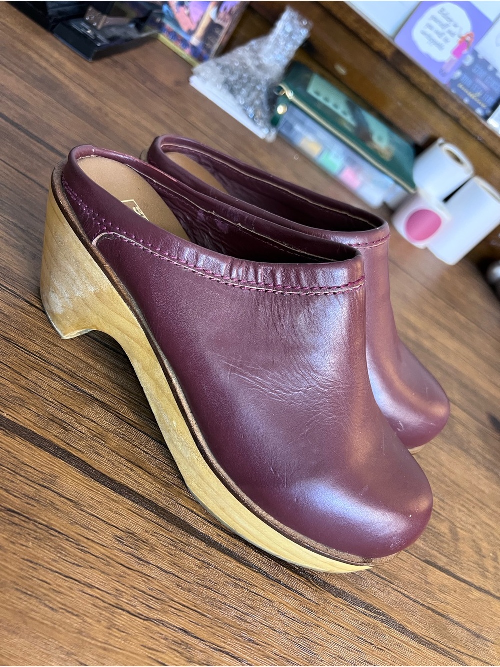BDG Maroon Leather & Wooden Clog Mules - 7